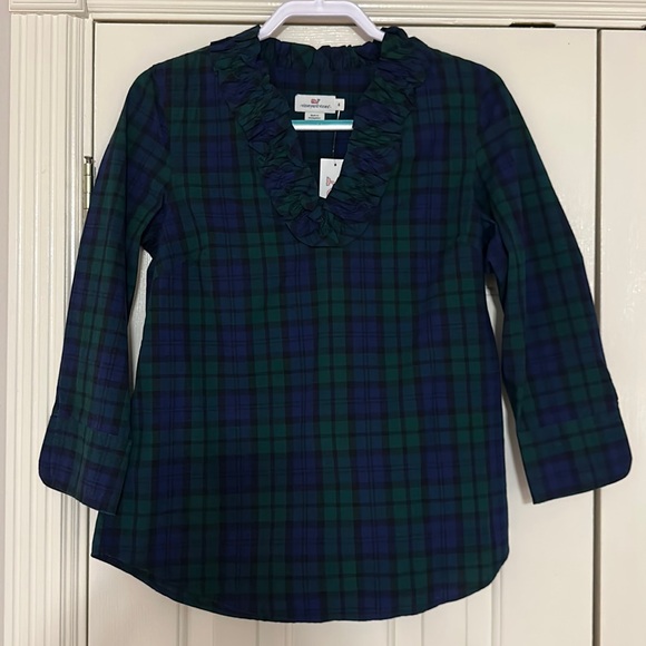 Vineyard Vines size 4, navy/green plaid 3/4” blouse w/ruffle neckline, new w/tag - Picture 1 of 3